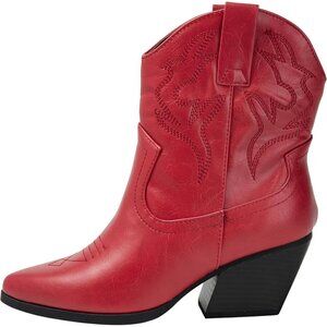✨ Kayday Cowgirl Boots Women Red Polyurethane (PU) Western Ankle Pointed Boots